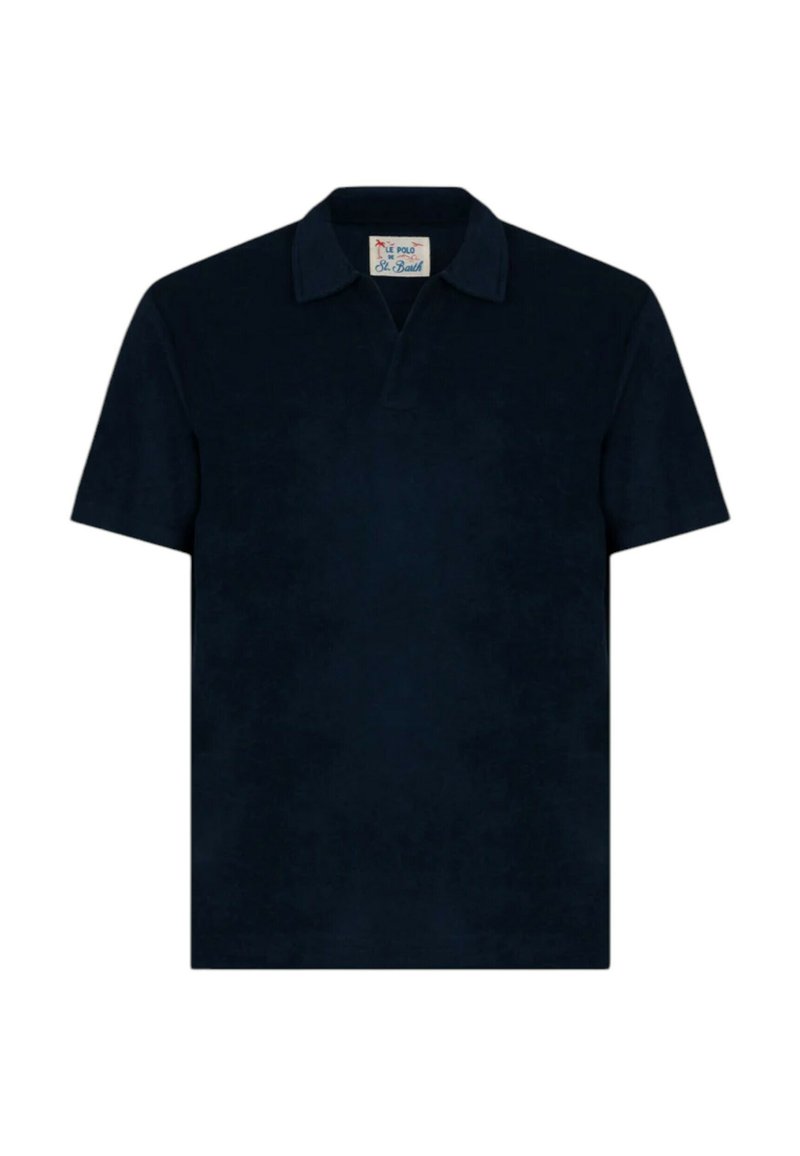 Polo shirt blu navy realizzato in morbido cotone; presenta un colletto e maniche corte; design minimalista senza motivi o accenti.