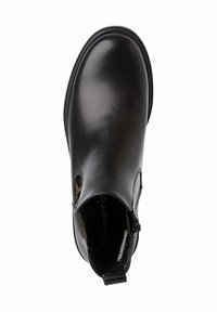 Stivale alla caviglia in pelle nera con finitura liscia, pannelli laterali elasticizzati e design slip-on. L'interno presenta una fodera con stampa leopardata.