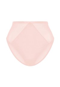 Ljust rosa högmidjad brief gjord av genomskinligt tyg, med en diamantformad design och en liten knapprad vid midjan.