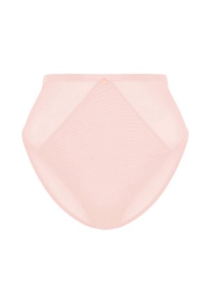 Lichtroze hooggetailleerde slip gemaakt van doorschijnende stof, met een diamantvormig ontwerp en een klein knoopdetail bij de tailleband.