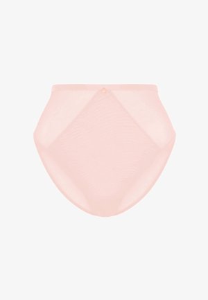 Lichtroze hooggetailleerde slip gemaakt van doorschijnende stof, met een diamantvormig ontwerp en een klein knoopdetail bij de tailleband.