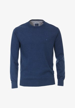Dunkelblauer langärmliger Pullover aus weichem Stoff, mit Rundhalsausschnitt und gerippten Bündchen und Saum. Kleines Logo über der linken Brust.