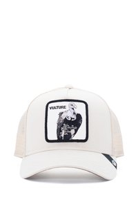 Hellbeige Kappe mit Netzseiten, die ein schwarz-weiß gesticktes Patch eines Geiers mit dem Wort "GEIER" darüber zeigt.