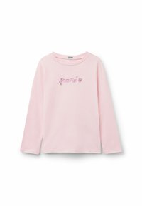 Różowa koszula z długim rękawem, wykonana z miękkiej bawełny, z haftem "Baw się dobrze" w kontrastowym odcieniu różu, okrągłym dekoltem oraz rozcięciami po bokach.