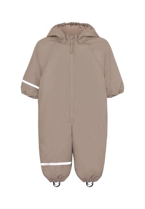 Tuta antipioggia per bambini color marrone chiaro con cappuccio, maniche corte, cerniera frontale, polsini elastici e strisce riflettenti bianche su manica e gamba.