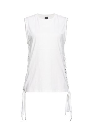 Top bianco senza maniche in cotone con dettagli in pizzo laterali e cordini regolabili. Presenta un colletto rotondo e una vestibilità rilassata.