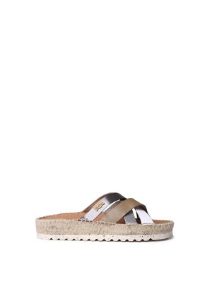 Metallic strap espadrille sandal with crossover bands in silver, gold, and white. Jute-wrapped sole with a textured, woven appearance.