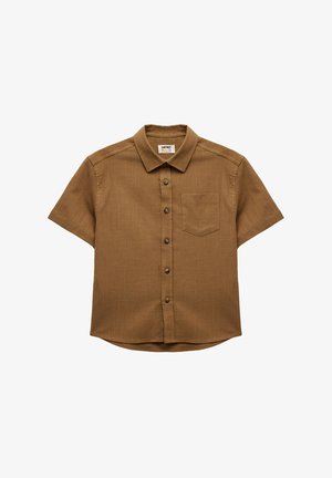 Korte mouwen bruine button-up shirt gemaakt van gestructureerde stof, met een borstzak en een kraag met vijf knopen.