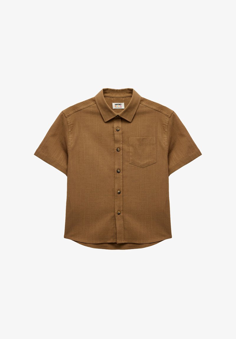 Braunes Kurzarm-Hemd mit Knopfleiste, gefertigt aus strukturiertem Stoff, mit einer Brusttasche und einem Kragen mit fünf Knöpfen.
