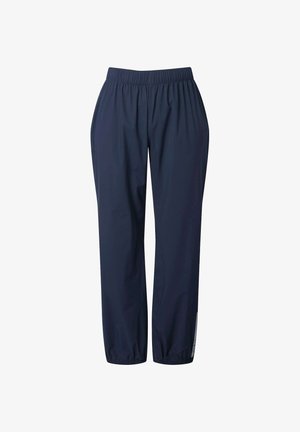 Granatowe spodnie z elastycznym pasem, proste nogawki i elastyczne mankiety, wykonane z lekkiego materiału, odpowiednie na co dzień lub do treningu.