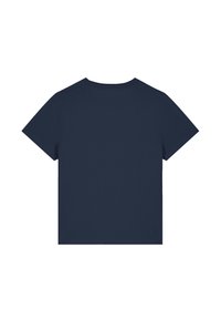 Marineblaue Baumwoll-T-Shirt, kurze Ärmel, Rundhalsausschnitt, glatte Textur, minimale Details, keine Grafiken oder Akzente. Rückansicht dargestellt.