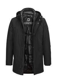 Schwarze isolierte Jacke mit Reißverschluss auf der Vorderseite, abnehmbarer Kapuze und glänzender Innenauskleidung. Verfügt über Druckknöpfe und ein Logo auf der Innenseite.