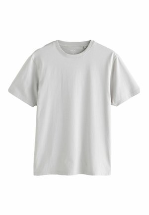 Yksinkertainen vaaleanharmaa, lyhythihainen, pyöreäkauluksinen T-paita, keskikokoinen, tasaisesti valkoisella taustalla.