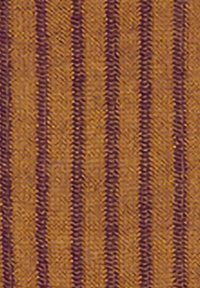 Tessuto in giallo dorato con strisce verticali viola; trama texture con cuciture visibili.