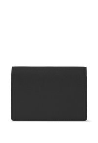 Portefeuille en cuir noir avec une texture lisse, de forme rectangulaire et au design simple. Présente des bords cousus et aucun matériel ou accent visible.