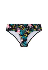 Bas de bikini noir avec un motif floral et de feuilles coloré en rose, vert et bleu. Fabriqué en tissu extensible, il présente une coupe classique.