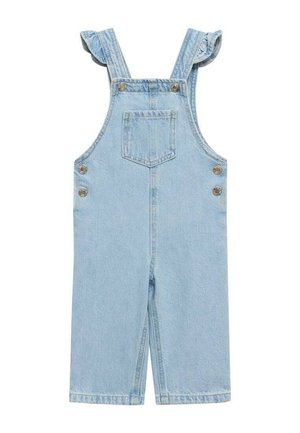 Salopette en denim bleu clair pour tout-petits avec bretelles à volants, poche poitrine avant et fermetures latérales par boutons métalliques.