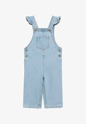 Lyseblå denim buksedragt til småbørn med flæset skulderstropper, front brystlomme og sidelukke med metal knapper.