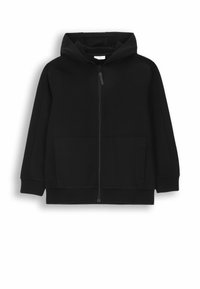 Czarna bluza z kapturem wykonana z miękkiego materiału, z zamkiem błyskawicznym z przodu, kieszeniami bocznymi i kapturem ze sznurkiem. Prosty design z prążkowanymi mankietami i dołem.