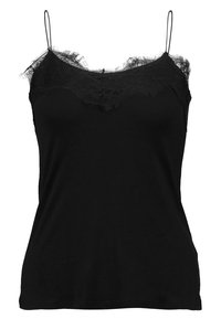 Svart camisole med spetsdetaljer vid urringningen och justerbara spaghetti-band. Mjuk material, avslappnad passform och slät yta.