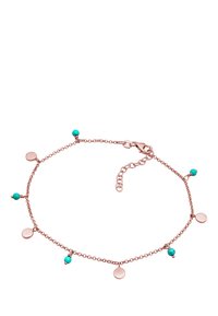 Bracciale a catena in oro rosa con perle di turchese e accenti metallici circolari, lunghezza regolabile con chiusura a moschettone.