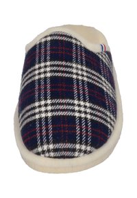 Plaid slipper in blue, white, and red. Soft wool upper with a cream lining, slip-on design, rounded toe, and flat sole.