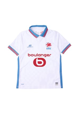 Hvid LOSC Lille fodboldtrøje med blå krave og ærmekanter, røde sponsorlogoer og New Balance mærkning på brystet.