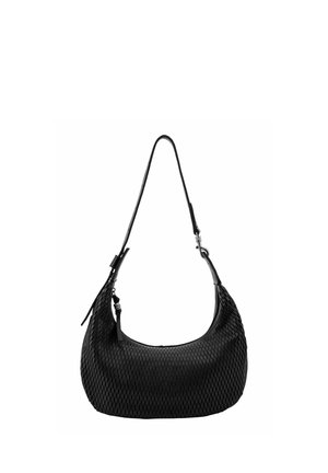 Schwarze gewebte Leder-Umhängetasche mit verstellbarem Riemen und Reißverschlussanhänger, präsentiert vor weißem Hintergrund.