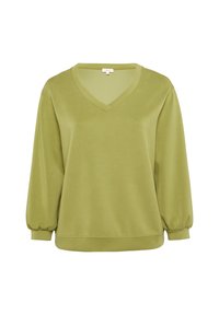 Lichtgroene blouse met lange mouwen en V-hals, voorzien van elastische manchetten, met een comfortabele pasvorm en een soepele stofstructuur.