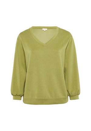 Lichtgroene blouse met lange mouwen en V-hals, voorzien van elastische manchetten, met een comfortabele pasvorm en een soepele stofstructuur.