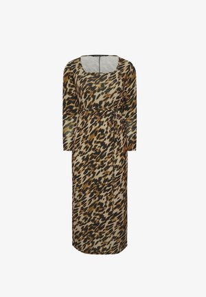 Leopardmusterkleid mit langen Ärmeln, quadratischem Ausschnitt, Bindegürtel und gerader Silhouette. Hergestellt aus leichtem, fließendem Stoff.