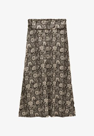 Čierno-biela midi sukňa s kvetinovým vzorom, vysokým pásom a skladaným dizajnom.