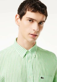 Camisa de botones a rayas verdes y blancas hecha de algodón, con cuello y un pequeño logo en el bolsillo del pecho izquierdo.