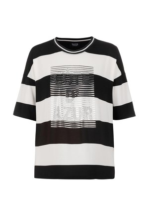 Black and white striped short-sleeve shirt with silver horizontal lines and studded text centered on the front reading "Côté d'Azur."