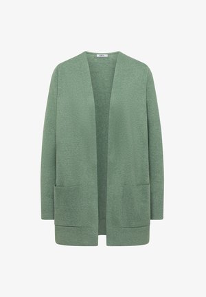 Groene, open cardigan gemaakt van zacht gebreid stof. Heeft lange mouwen, twee voorzakken en geribbelde details aan de manchetten en de zoom.