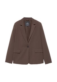 Blazer marron à un bouton avec revers crantés et deux poches à rabat devant, posé à plat montrant le côté avant et l’étiquette intérieure.