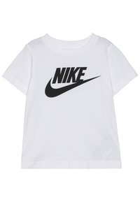 T-shirt bianca in cotone con maniche corte, caratterizzata da un grande logo Nike nero sul petto e scollo rotondo.