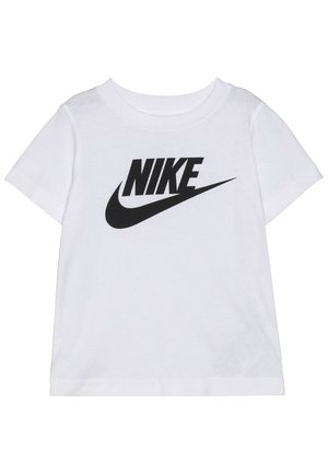T-shirt bianca in cotone con maniche corte, caratterizzata da un grande logo Nike nero sul petto e scollo rotondo.