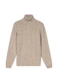 Beige geribbelde coltrui met een gestructureerd kabelbreipatroon, lange mouwen en een aansluitende zoom.