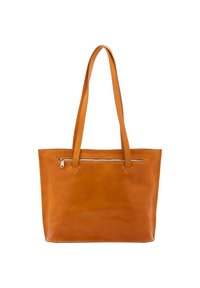 Borsa a tracolla in pelle tan con manici lunghi, dotata di una tasca esterna con zip e una finitura liscia e lucida. Forma rettangolare semplice.