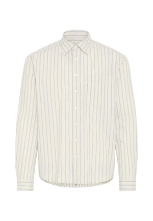 Button-up shirt in light beige with vertical blue stripes. Features long sleeves, collar, and a chest pocket. Cotton blend fabric.