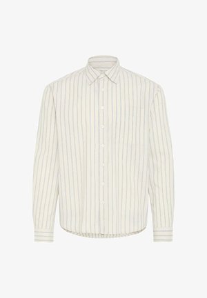 Button-up shirt in light beige with vertical blue stripes. Features long sleeves, collar, and a chest pocket. Cotton blend fabric.