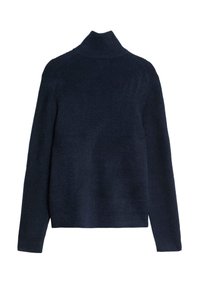 Marineblauer Pullover mit hohem Kragen, gerippter Textur und langen Ärmeln. Verfügt über eine lässige Passform und nahtlose Schulterkonstruktion.