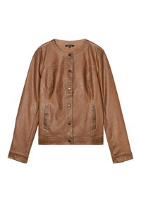 Giubbotto di pelle marrone con colletto arrotondato, chiusura con bottoni a pressione, due tasche laterali e una texture liscia con dettagli di cucitura minimi.