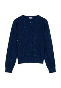 Dunkelblauer Strickcardigan mit rundem Ausschnitt, langen Ärmeln und durchgehender Knopfleiste. Verziert mit verstreuten funkelnden Akzenten.