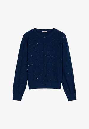 Dunkelblauer Strickcardigan mit rundem Ausschnitt, langen Ärmeln und durchgehender Knopfleiste. Verziert mit verstreuten funkelnden Akzenten.