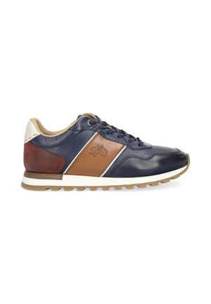 Men's navy blue and brown leather sneaker with white sole, lace-up front, and textured rubber outsole.