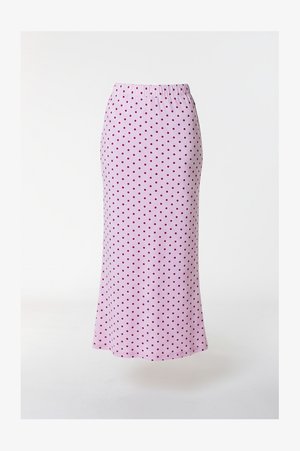 Jupe midi à pois roses avec une taille élastique. Tissu doux avec une texture lisse et des pois rose foncé répartis uniformément sur toute la surface.