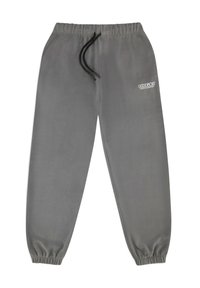 Graue Fleece-Jogginghosen mit elastischem Bund und schwarzem Kordelzug, mit gerippten Säumen und einem kleinen weißen Logo auf dem linken Oberschenkel.