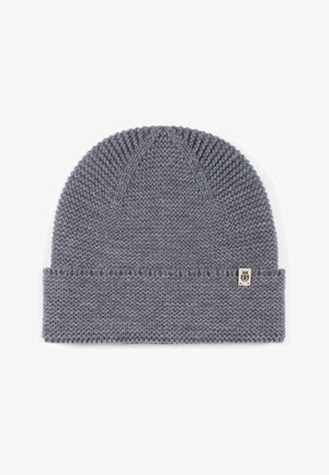 Gray knit beanie with a folded cuff, featuring textured fabric and a small logo tag on the side. Simple, versatile design.